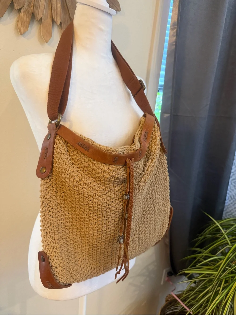 Lucky Brand Crochet Hobo Shoulder Bag | Leather Trim | Boho Festival Purse